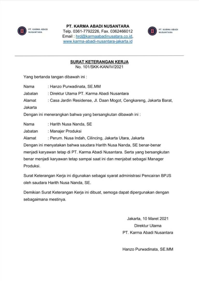 Contoh Surat Keterangan Kerja untuk Pencairan BPJS - Loker Bali Info Blog
