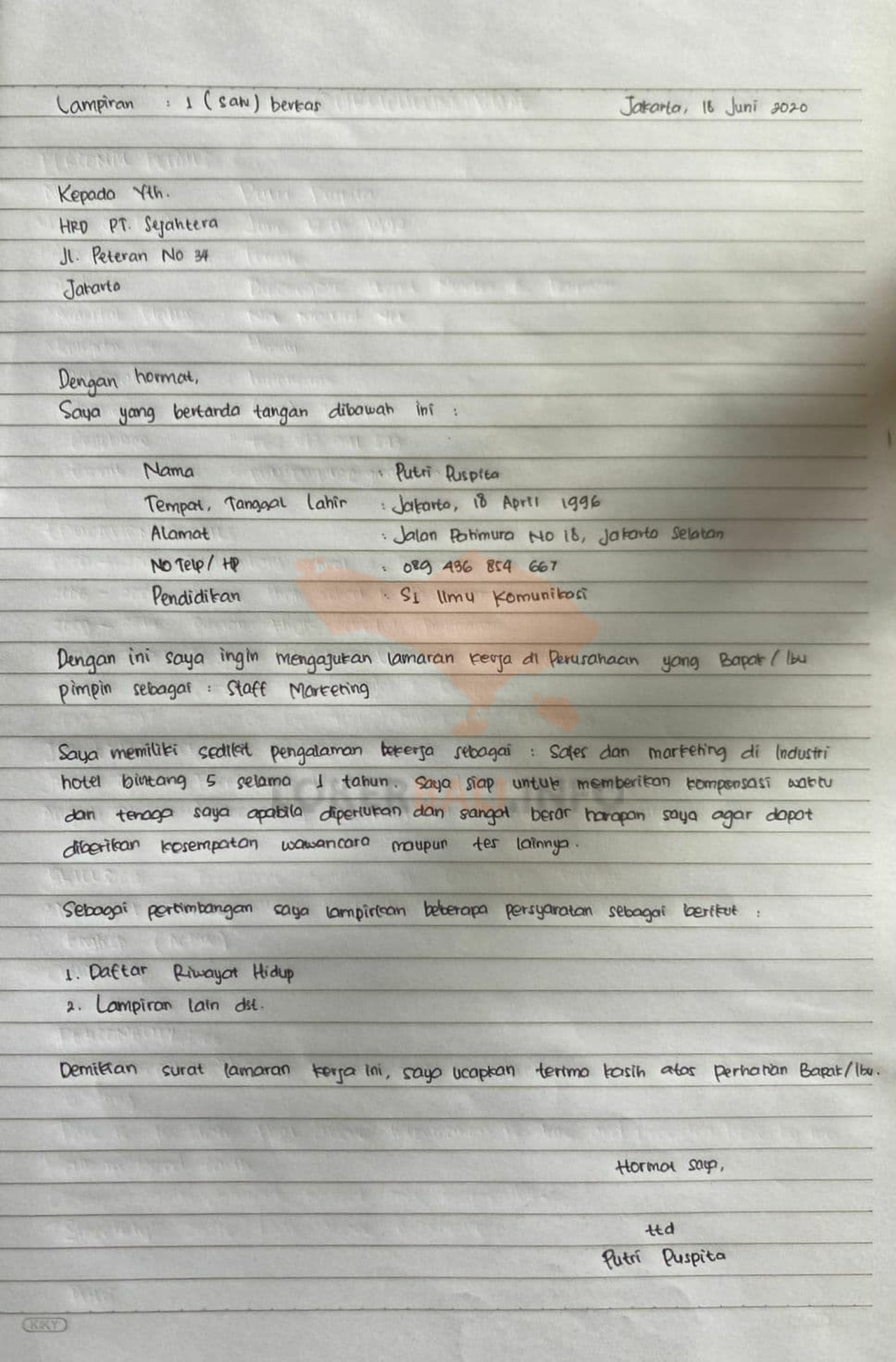 Contoh Surat Lamaran Kerja Tulis Tangan Rapi